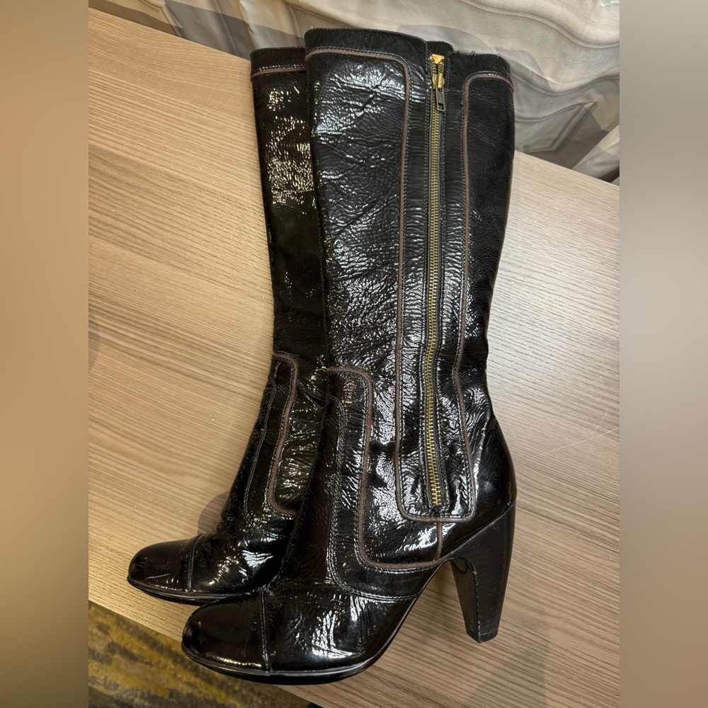 Sofft Glossy Dark Brown Heeled Boots with Gold Zipper